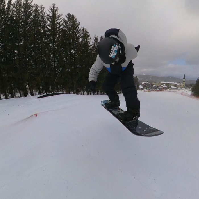 Steve Doing a backside 180 on a small jump with the Capita DOA 2026