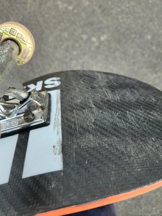 Impact Skateboards XPU Deck Review 39 Shows Wear On Tail from Tailslides