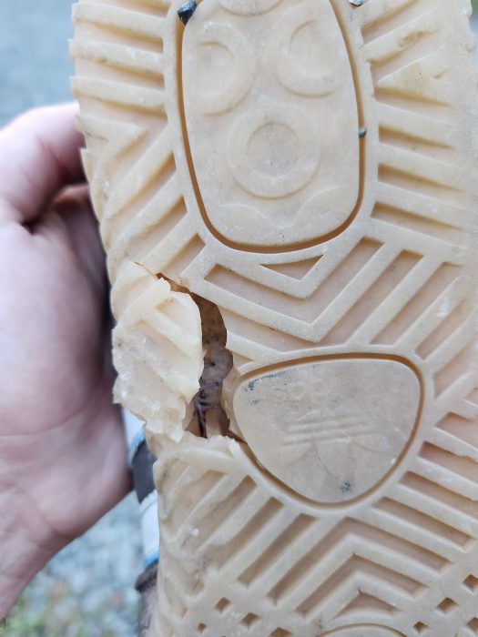 Showing a torn sole of the Adidas Busenitz Indoor Super skate shoe