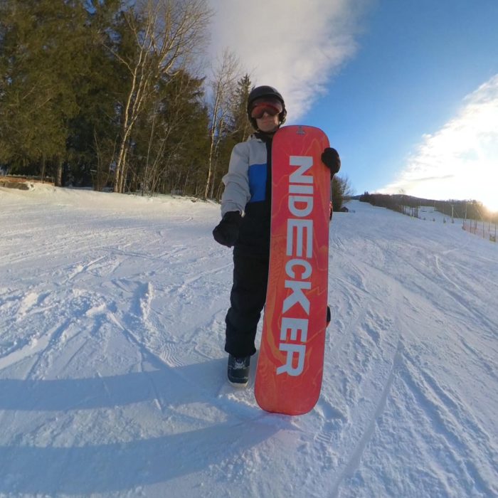 Steve Weber holding the Nidecker Cheat Code after the review