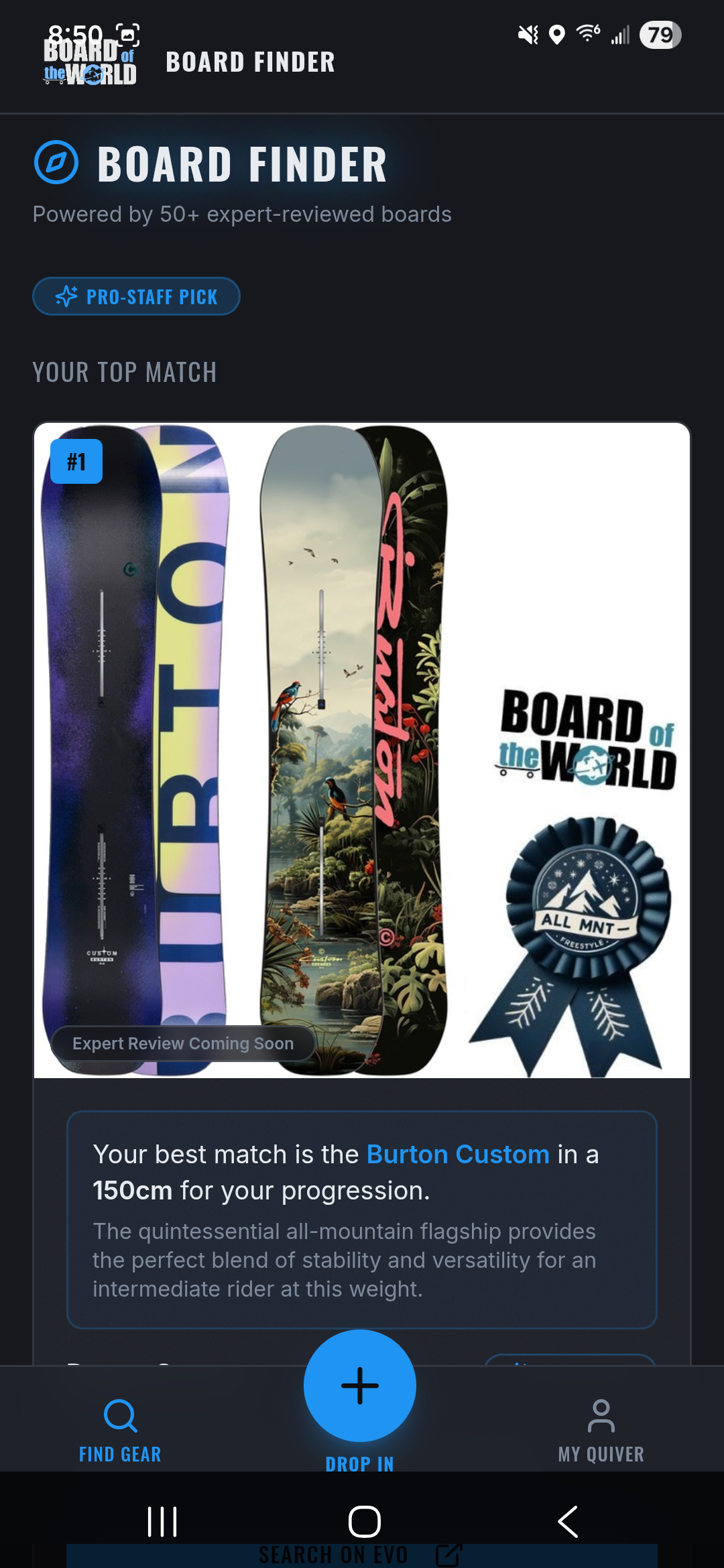 Board Finder quiz result screen in the Board of the World Snowboard app