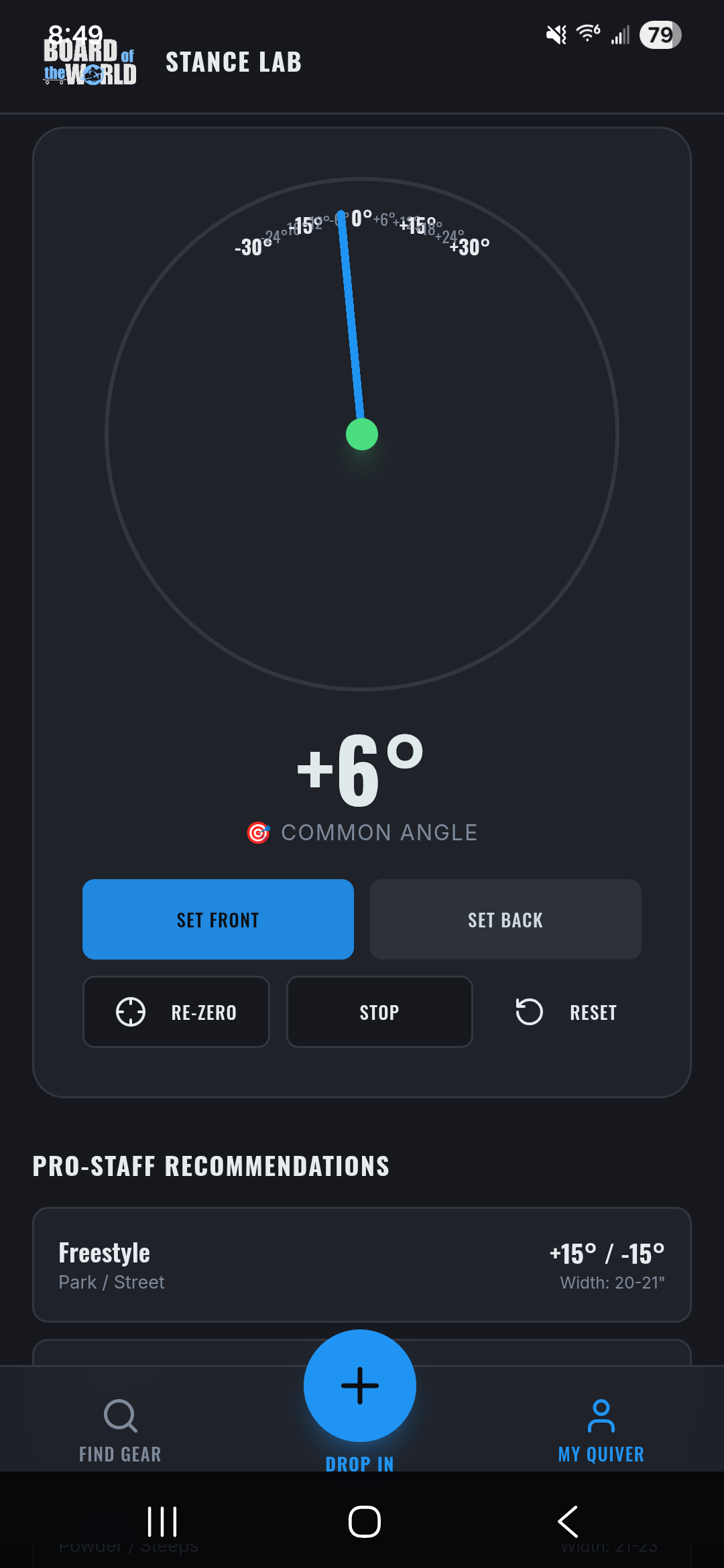 Stance Lab binding angle finder screen in the Board of the World Snowboard app