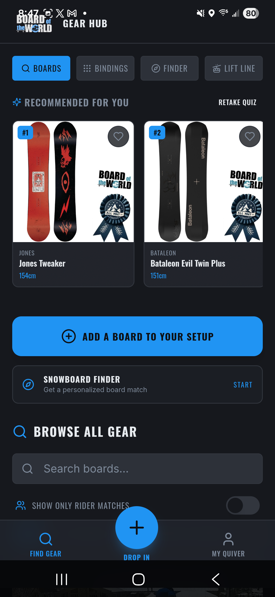 Gear Hub with boards, bindings, finder, and lift line tabs in the Board of the World Snowboard app