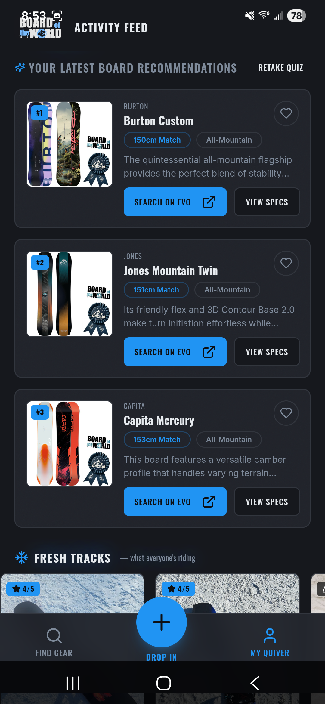 Personalized board recommendations and activity feed in the Board of the World Snowboard app