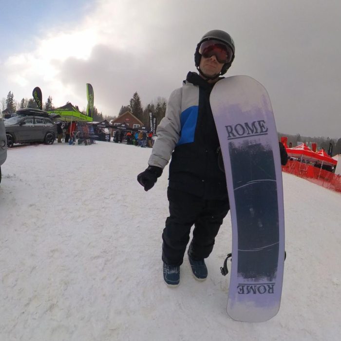 Steve Weber with the 2027 Rome Boneless snowboard at Stratton, VT