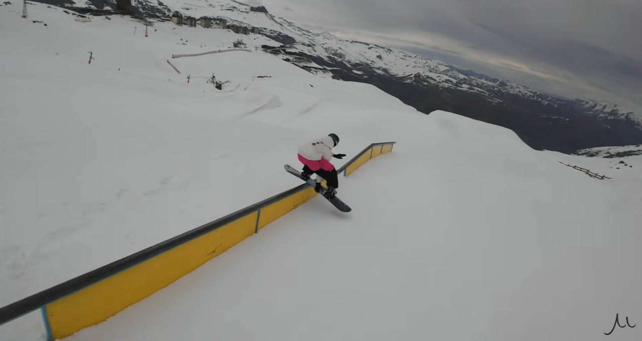 Jack Hendrickson hitting a kinked downbar in Chile to promote his new snowboard the Gilson JCK